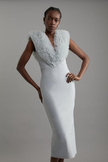 Blue Figure Form Bandage Knit Tulle Detail Midi Dress